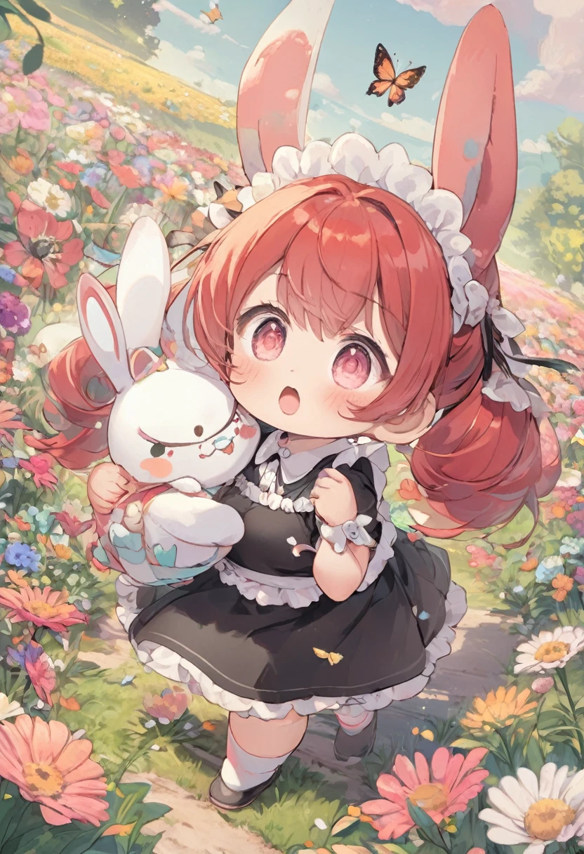 (pastel color illustrations:1.5),super chibi style girl,girl with red hair in twin tails,girl wearing maid headdress and cute maid outfit with frills,girl carrying light pink backpack,plump rabbit with fluffy white fur,rabbit walking alongside girl,rabbit looking at girl anxiously,(the rabbit is walking with the girl:1.3),(the rabbit looks at the girl anxiously:1.2),cute flower field background with butterflies,vivid colors,masterpiece,best quality,4k,8k,ultra detailed,professionally drawn illustrations