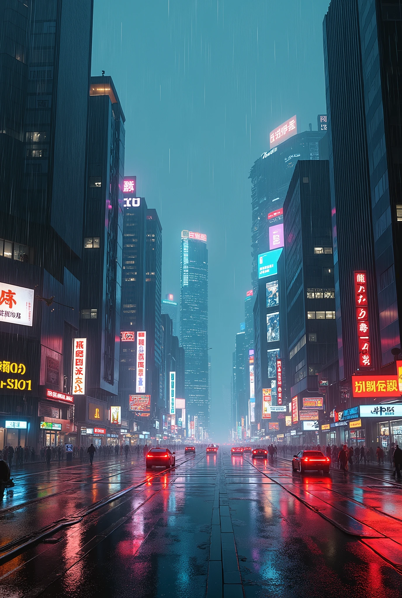 Photographic grade,Movie quality,Game CG wallpaper,A Hong Kong Cyber City in the Rain,Street Intersection,No text appears