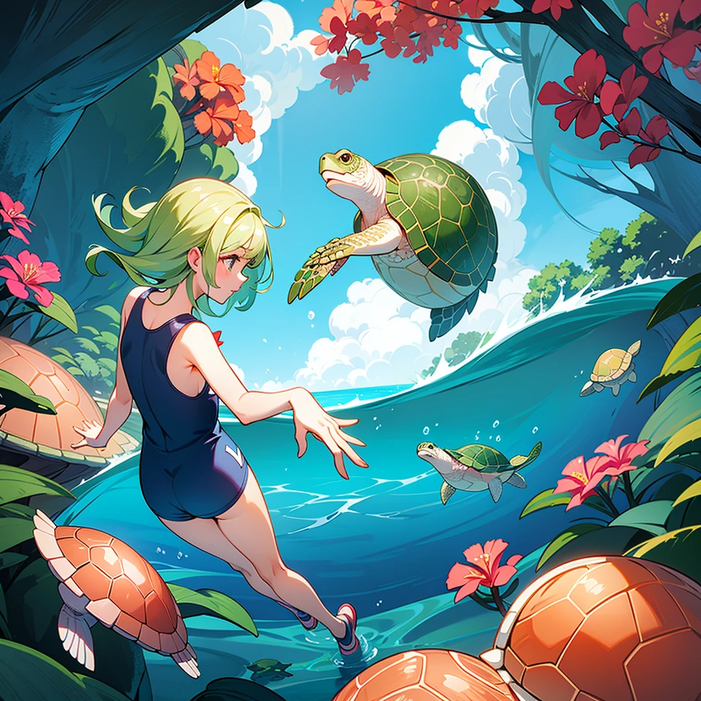 In the water、Girl playing with turtle、cute、beautiful、Swimwear、Big Turtle、Large sea turtle、人よりBig Turtle、is swimming with turtles、Snorkeling、High-five with a turtle、Lots of coral、tropical fish、diving