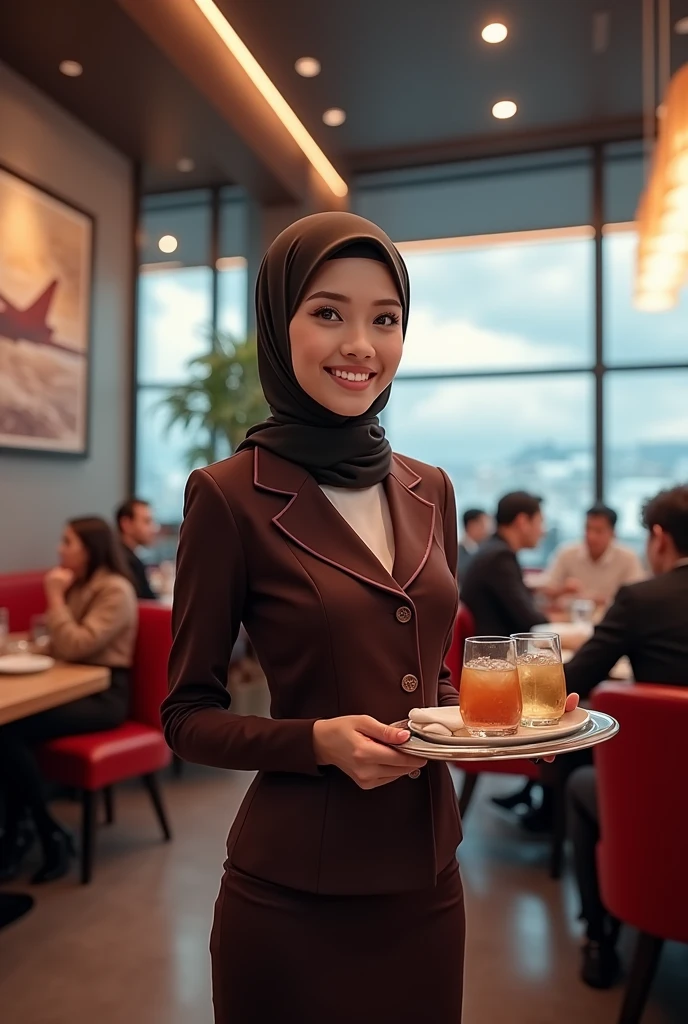 a female restaurant waitress in a hijab in a flight attendant's uniform