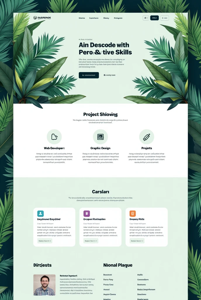Personal Portfoliobody {
font-family: Arial, sans-serif;
margin: 0;
padding: 0;
background-Farbe: #FFFFFF;
Farbe: #333;
background-image: url('https://www.example.featuring/tropical leaves.png'); /* Replace with tropical leaves image link */
background-repeat: repeat-y;
background-position: left center;
}
header {
background-Farbe: #004d00; /* green dark */
Farbe: #FFFFFF;
padding: 20px;
text-align: center;
}
header h1 {
margin: 0;
}
.container {
width: 80%;
margin: car;
}
.section {
padding: 20px;
margin: 20px 0;
border: 1px solid #004d00; /* green dark */
border-radius: 8px;
}
.skills, .projects {
background-Farbe: #e0f2f1; /* light green */
Farbe: #004d00; /* green dark */
}
.projects {
background-Farbe: #b3e5fc; /* light blue */
}
footer {
background-Farbe: #004d00; /* green dark */
Farbe: #FFFFFF;
text-align: center;
padding: 10px;
position: fixed;
width: 100%;
bottom: 0;
}
Your NameWelcome to my personal portfolioSkillsWeb DevelopmentGraphic DesignProject ManagementPython ProgrammingProjectsProject 1Project 1 Description. Brief summary of what was done and technologies used.Project 2Project 2 Description. Brief summary of what was done and technologies used.© 2024 Your Name. All rights reserved.