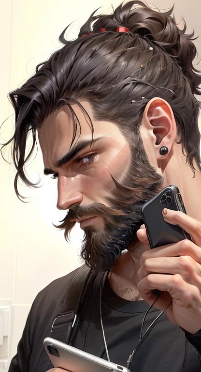 There is a man with a beard and a black shirt holding a cell phone, sous l'orage