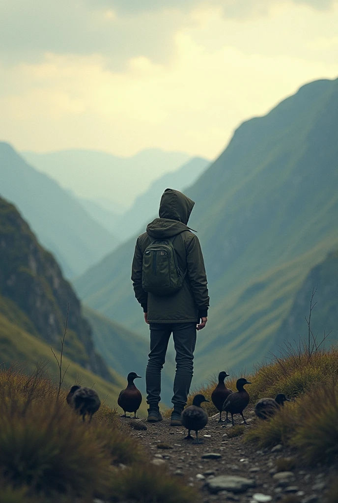 A man in a hooded jacket stands with his back to the camera, on the edge of a wild, untamed landscape. Around him, several ducks gather, as if ready to join him on a journey into the unknown. The scene captures a moment of anticipation, with the man poised to embark on an adventure he's never experienced before