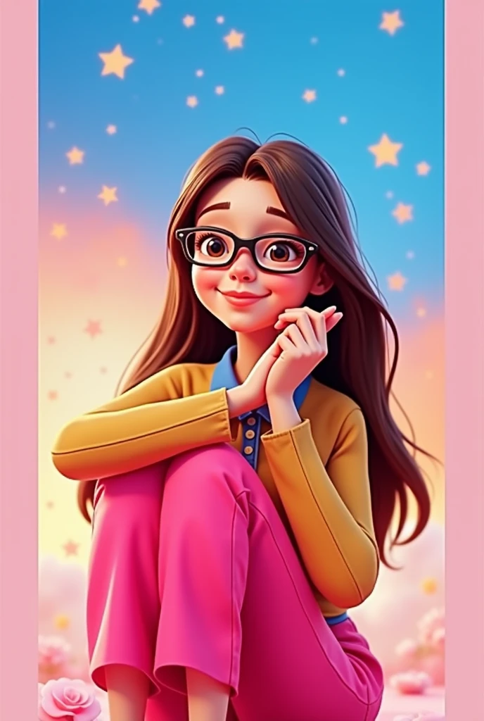 Cartoon character of a brunette woman in black glasses and a blue shirt, an animated character, stylized character, animation style rendering, 3d stylized, Arnold Maya rendering, Stylized 3D rendering, toon render screenshot, 3d character, 3d character, Stylized 3D rendering, 3D character rendering, cartoon character, Personagem de close up, character posing, (Pixar-style) (master part:1.2) (bokeh) (best qualityer) (skin detailed) (detailed texture) (8k) (Argilla) (cinematic lighting) (sharp focus，Sit down and lift your upper body