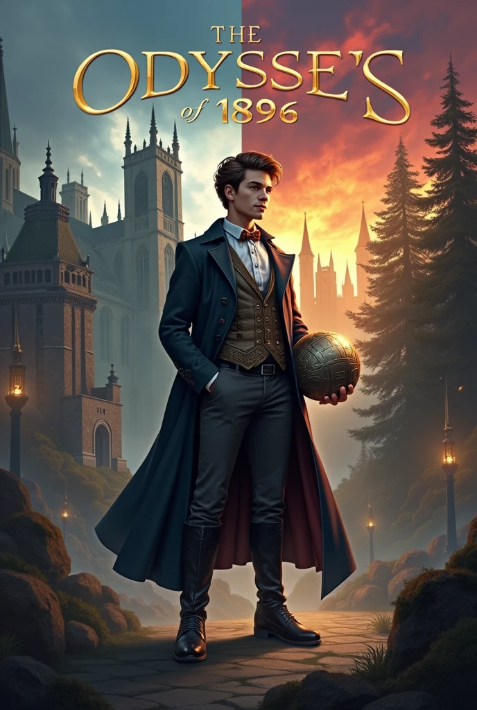 A split scene cover. On the left side, depict late 19th-century Great Britain, with an overcast sky above Cambridge University’s iconic Gothic architecture. A young man, Ethan Rivera, stands prominently in the foreground, dressed in a formal academic suit typical of the era, his expression determined yet contemplative. To his right, the scene transitions into a vibrant, medieval fantasy world, with mystical forests and towering, magical ruins under a sky of swirling colors. Ethan is seen again, now clad in a mix of 19th-century attire and medieval armor, holding a metallic spherical object (an Admin Core) that emits a faint, ethereal glow. Looking toward the difference world The background on this side features strange creatures and an ancient wall, symbolizing the barrier between the two worlds. The title, The Odyssey of 1896, is displayed prominently at the top in a stylized, elegant font that combines elements of Victorian and medieval design.