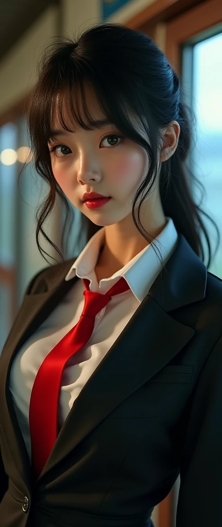 (32K:1.9, Highest quality, masterpiece, Ultra-high resolution), Perfect dynamic composition, Highly detailed skin and facial textures:1.3, Detailed eyes, Detailed limbs, Cute sexy slim Japanese schoolgirl, Fair skin, ((Clarity:1.1)), (High school girl blazer uniform with red tie:1.3), (Huge breasts about to burst:1.0, Don't show areola), (Cunning Smile:0.9, Totally captivates you:0.9), (Beautiful Blue Eyes, Transparent and beautiful eyes:0.8), Sexy Face:0.4, blush:1.1, (A taste that exudes beautiful eroticism:0.8), Professional random camera work, Cinematic Light Effects, ((Full Body Shot)), ((Too erotic:0.9)) , romantic, mysterious, Object of admiration, original, dramatic, artistic, Innovative, charm, Heartful, Fancy, Tilt, sense of loss, special, exciting, Extreme, sense of openness, joy, joyの表現, ((若さのcharm, 女性的なcharm))