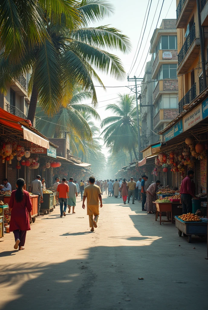 Make real and present time photo of a street of Karachi area model colony in which people and children are moving there is the main wide street on which some shops are open like cosmetics fruits burger shops 