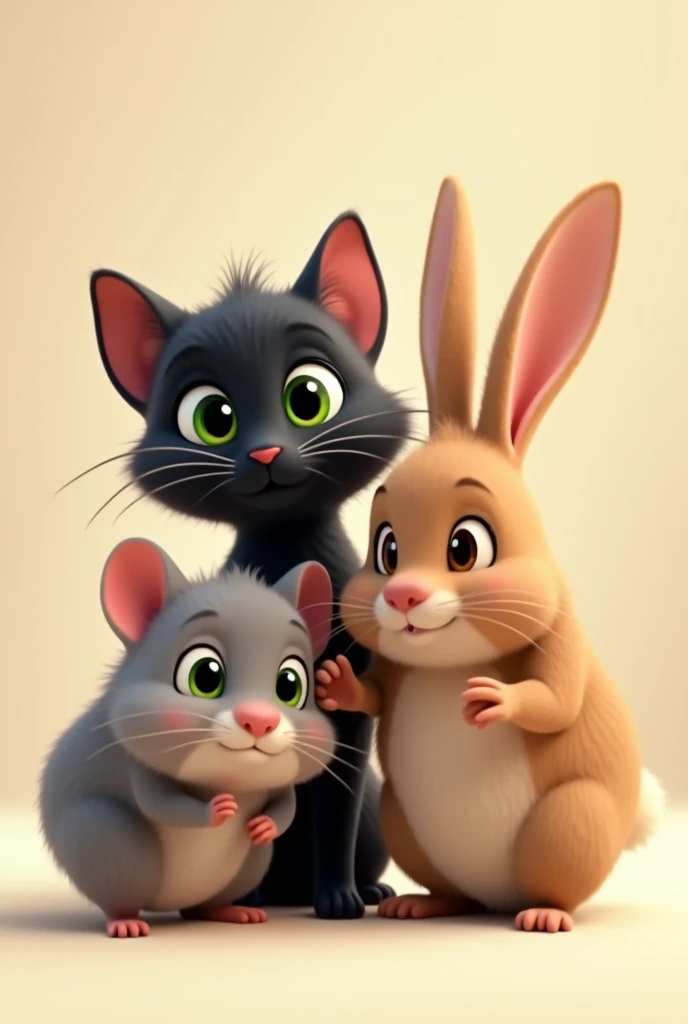 An animated image of a black cat with green eyes, A gray Russian hamster and a brown rabbit with long ears all together looking forward so that their faces and paw prints can be seen close up