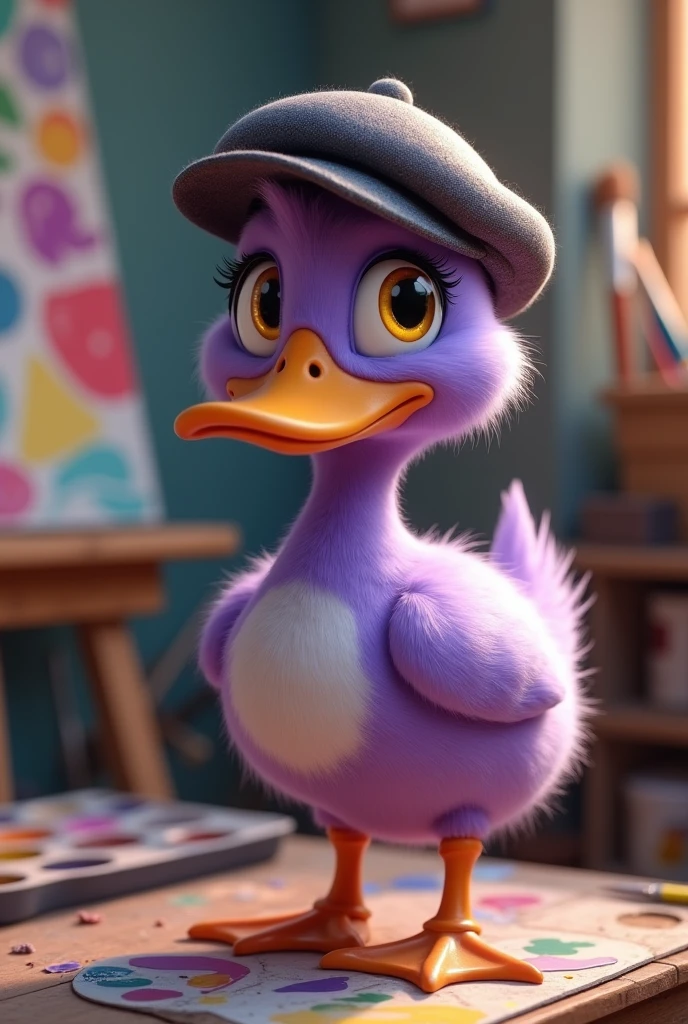 Young male duck of light purple color, painter by profession, of Anatomy attached with adorable yellow eyes, with his palette of colors and a large brush and French cap, fucking artistic workshop