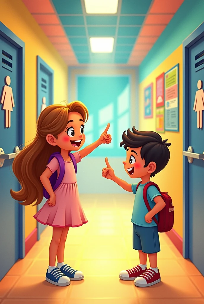 Drawing of a girl pointing to the girls&#39; bathroom and a boy pointing to the boys&#39; bathroom