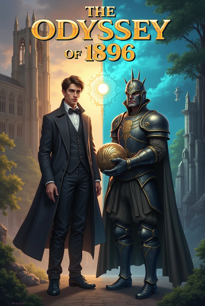 A split scene cover. On the left side, depict late 19th-century Great Britain, with an overcast sky above Cambridge University’s iconic Gothic architecture. A young man, Ethan Rivera, stands prominently in the foreground, dressed in a formal academic suit typical of the era, his expression determined yet contemplative. To his right, the scene transitions into a vibrant, medieval fantasy world, with mystical forests and towering, magical ruins under a sky of swirling colors. Ethan is seen again, now clad in a mix of 19th-century attire and medieval armor, holding a metallic spherical object (an Admin Core) that emits a faint, ethereal glow. Looking toward the difference world The background on this side features strange creatures and an ancient wall, symbolizing the barrier between the two worlds. The title, The Odyssey of 1896, is displayed prominently at the top in a stylized, elegant font that combines elements of Victorian and medieval design.