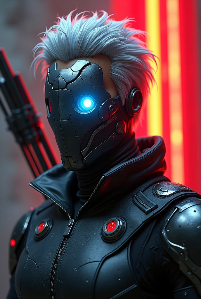A highly detailed cyberpunk character, a male cyborg soldier with a half cracked metallic mask and a glowing blue cybernetic eye, stands in a dramatic, dystopian setting. The art style is hyper-realistic, combining gritty textures with sleek, futuristic elements. Warm, radiant red backlighting creates a halo effect around his silver-gray hair, illuminating the metallic surfaces and contrasting with the cool tones of his attire. Extreme close-up shot focus on the face,taken from a slightly low angle, emphasizes his imposing presence and the glowing eye, while he holds a weapon and gives a confident dynamic stand pose with bow and arrow gesture, exuding a sense of readiness and power.