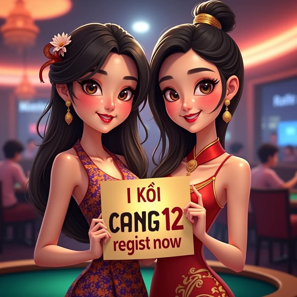 PG SLOT >> [chang123th.featuring] Direct web, upper body, two beautiful Thai women holding a sign "CHANG123 REGIST NOW" Cheerful, Happy, Casino Background, Thai Dress, Real Cartoon Pixar, Broken Chest, Standing Behind Poker Table, White Skin , simplemix, AbsoluteRealthailandwomen, ELEGANT WOMEN, guofeng, excited and horny