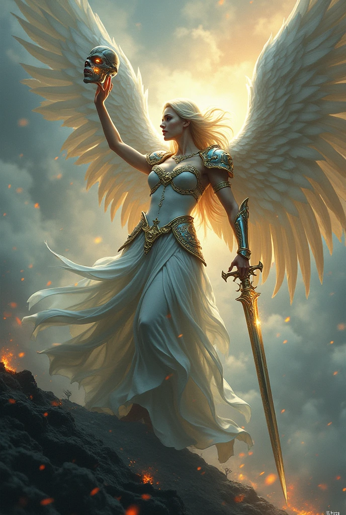 Angel warrior cuting a demon head in a war