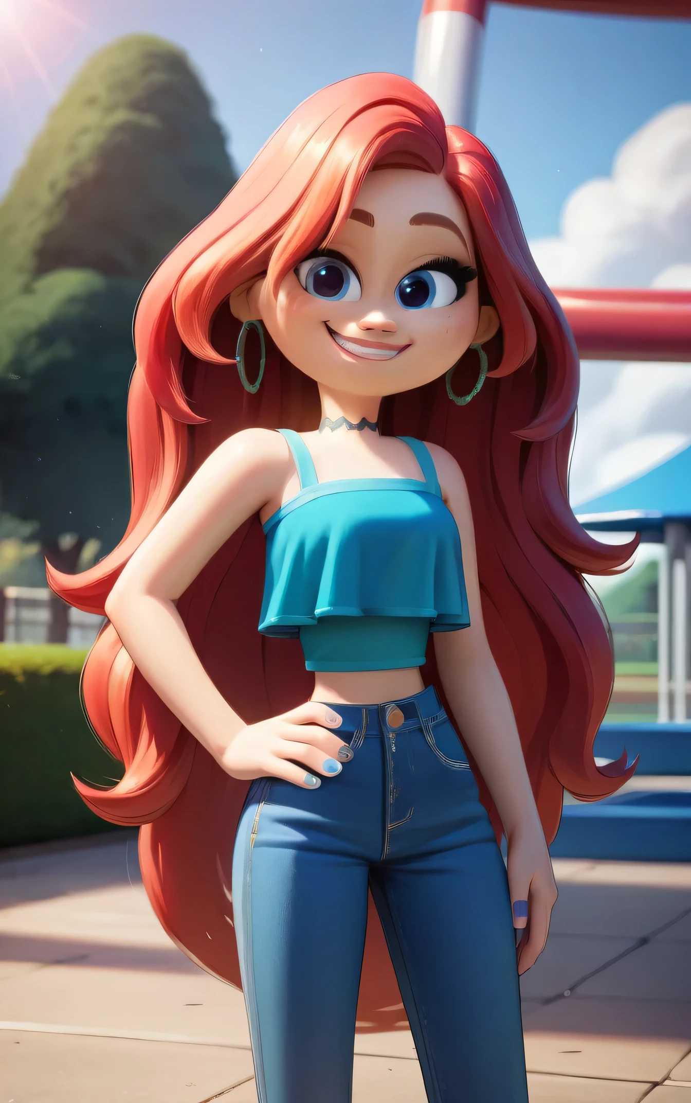 masterpiece, best quality, highly detailed, score_9, score_8_up, score_7_up, score_6_up,source_anime, BREAK, chelsea, 1girl, midriff, upper body, choker, smile, jewelry, very long hair, standing, red hair, earrings, shoes, pants, blue eyes, aqua ruffle crop top, denim, blue nails, jeans, hoop earrings, blue pants, high school park and playground background, looking at viewers, solo, hands on hip,
