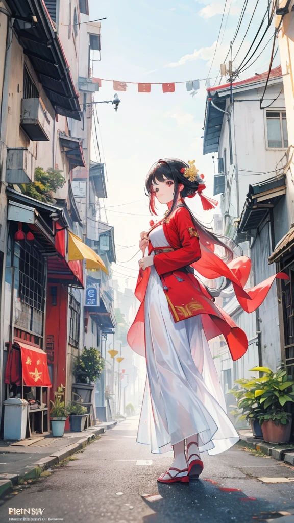 One women walking down a street with vietnamese flags hanging from the buildings, vietnam, vietnamese woman, white ao dai, illustration, red flags holiday, flags, vietnamese temple scene, travelers walking the streets, triumphant, vietnam war, proudly walking down the street, red yellow flag, 