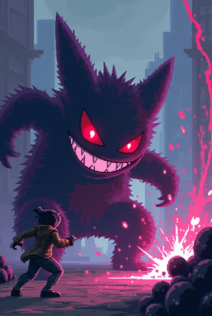 an evil pixel gengar shooting black balls at a human The battle is fought in 2d view