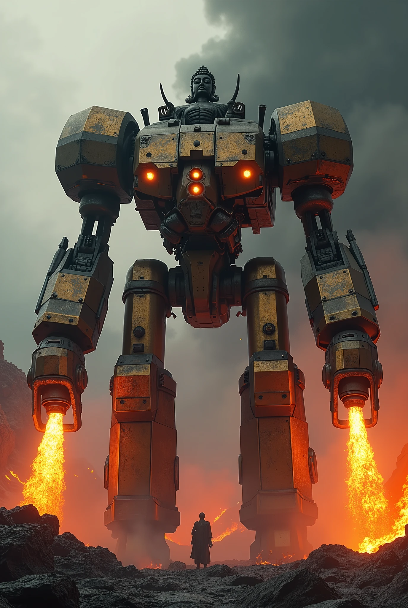 a giant death robot, a lava spewing demon engine from warhammer 40k, red paint, bronze metal, lava cannons, scorpion theming, (bronze buddha statue is the robot's head), volcano setting, intricate machinery, glowing lava, photorealistic, highly detailed, 8k, masterpiece, cinematic lighting, concept art style, 'LET THE GALAXY BURN!' written in horror font across the top of screen