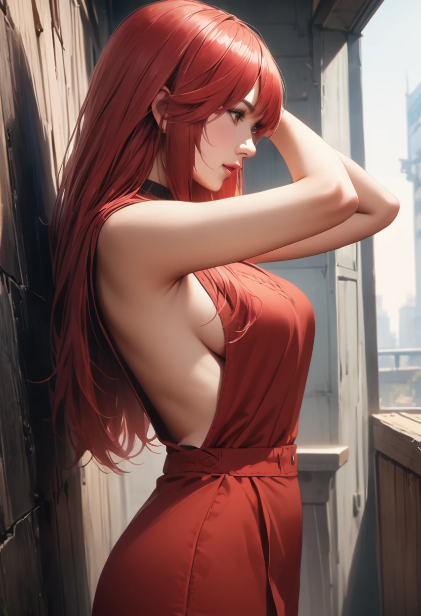 (Highest quality、4K、8k、High resolution、masterpiece:1.2)、Very detailed、(Genuine、Realistic、Realistic:1.3)、Japanese women、red hair、long hair、stars ornament、mile、Large Breasts、Leaning forward、(Backless)High-neck sleeveless knit dress、(((side boob)))、Put your arms behind your head、(((from side)))