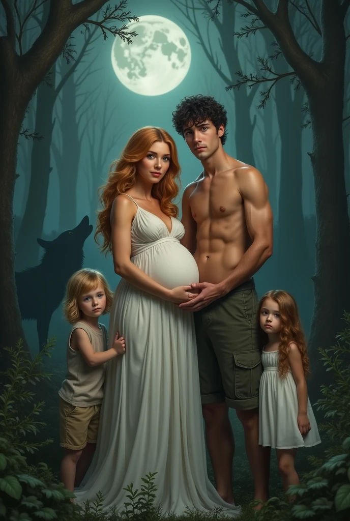 Couple pregnant woman with long strawberry blonde hair amber eyes wearing a beautiful white dress and a tanned man with short wavy black hair bright green eyes defined and tall body protective and extremely handsome with two children a with short clothes t-shirt and shorts in the middle of the couple and a baby with a little dress on the mother's lap ,in a dark forest in the moonlight with wolves