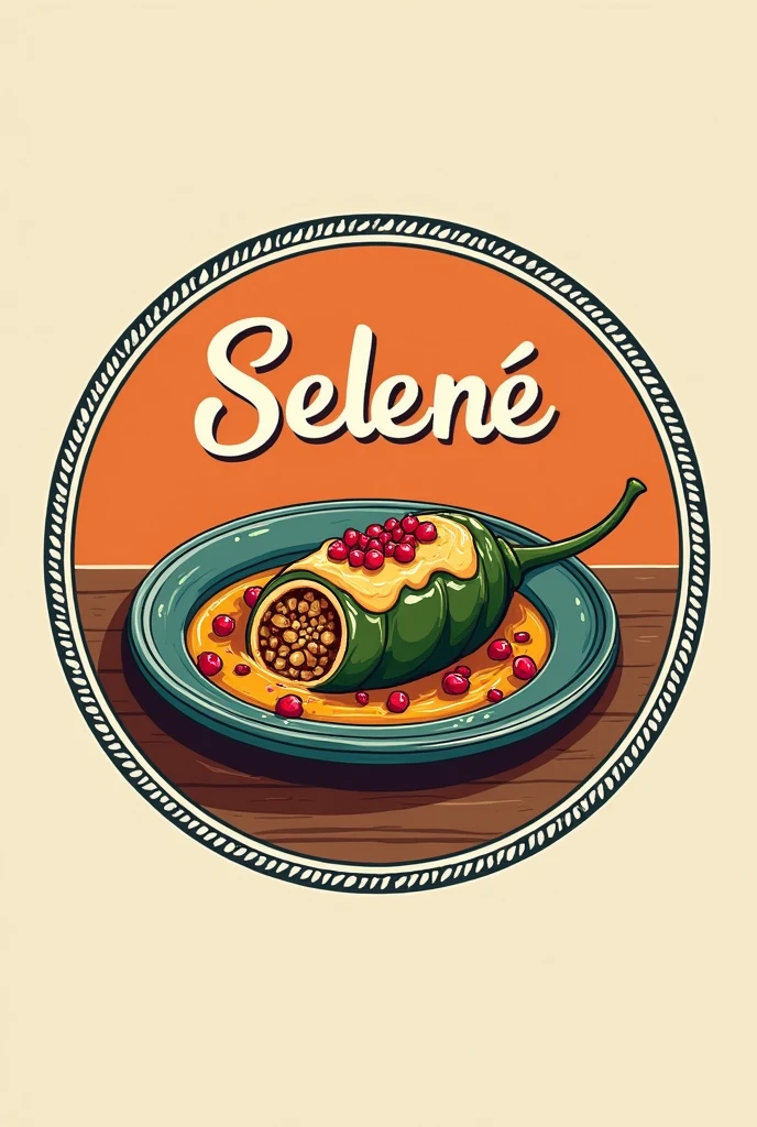 Circular logo of a Mexican food brand that says Selene and that in the center image has a plate of chile en nogada