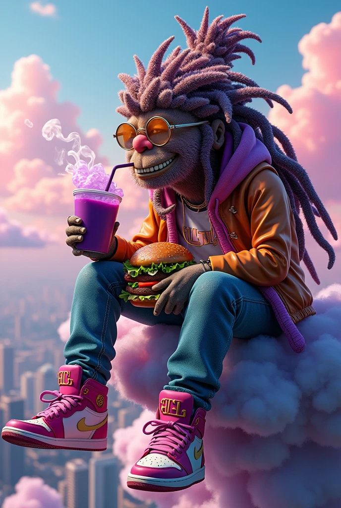 design a 3D exotic indica strain character, with highly crystalized and personified. This character hair are so thick on the buds they look like dreadlocks. This character is sitting in the clouds eating a hamburger he got from CHUBBYS, he is dangling his feet off the edge of the clouds. His jordan shoelaces are always untied. He is so far up you can see the grid of distant cities. he is dumping his ashes to the ground . he has a pinky ring, goldteeth and has a cup of purple juice. the character is dressed in 90s hip hop gear. this is a colorful vibrant portrait. imagine/ 3d exotic indica strain