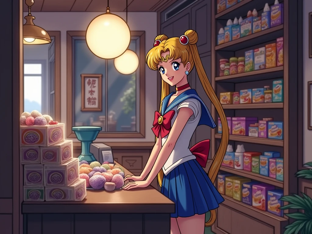 Sailor Moon paying for a candy package in a store