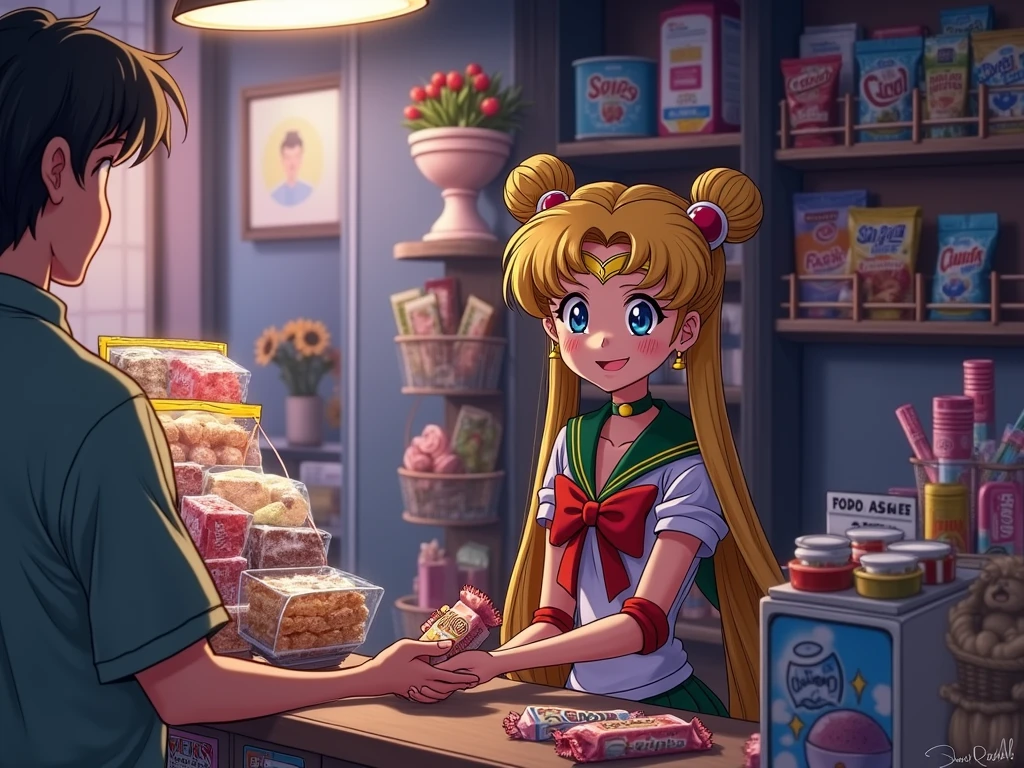 Sailor Moon paying for a candy package in a store