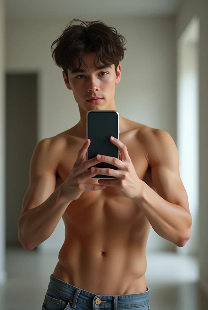 Make me a picture of a boy with his six pack taking a picture with his cell phone that is not animated and is a ager