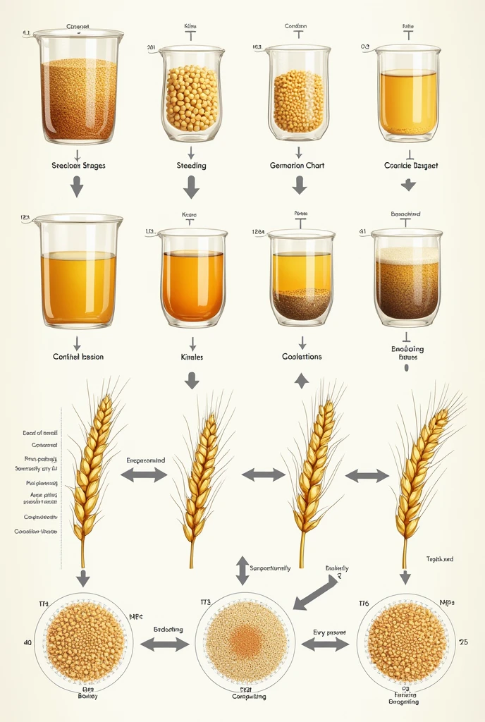 Steeping Diagram: Showing barley grains soaking in water.
Germination Chart: Illustrating the sprouting process and enzyme development.
Kilning Process: Demonstrating the drying and heating stages, including temperature variations.
Conditioning Flowchart: Highlighting the steps for stabilizing and preparing malt.