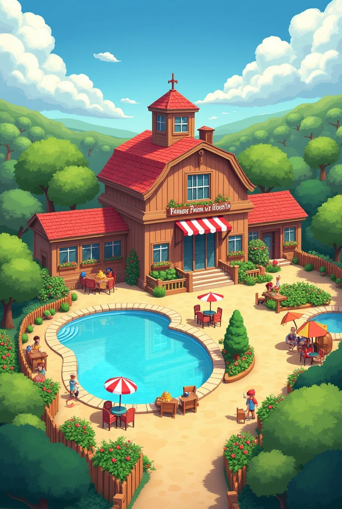 Give me a picture of the funny farm resort with restaurant, Farm, vegetable garden , swimming pool, about 70 rooms wide