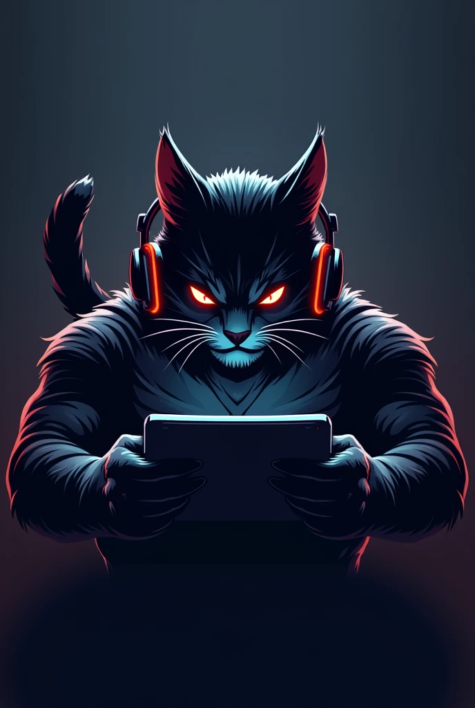 Can you create me a logo of a black heat GAMER cat that looks tough THAT HAS HEADPHONES AND IS PLAYING WITH HIS TABLET and below has the words ("MISHO TK")