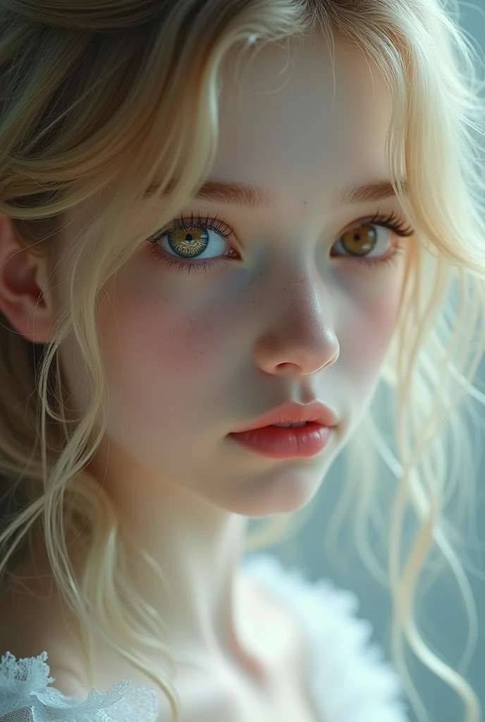 A young, medium-blonde girl (ager of about ) with amber eyes and the condition Asteroid Hyalosis, white skin and heart-shaped lips, angelic and sublime