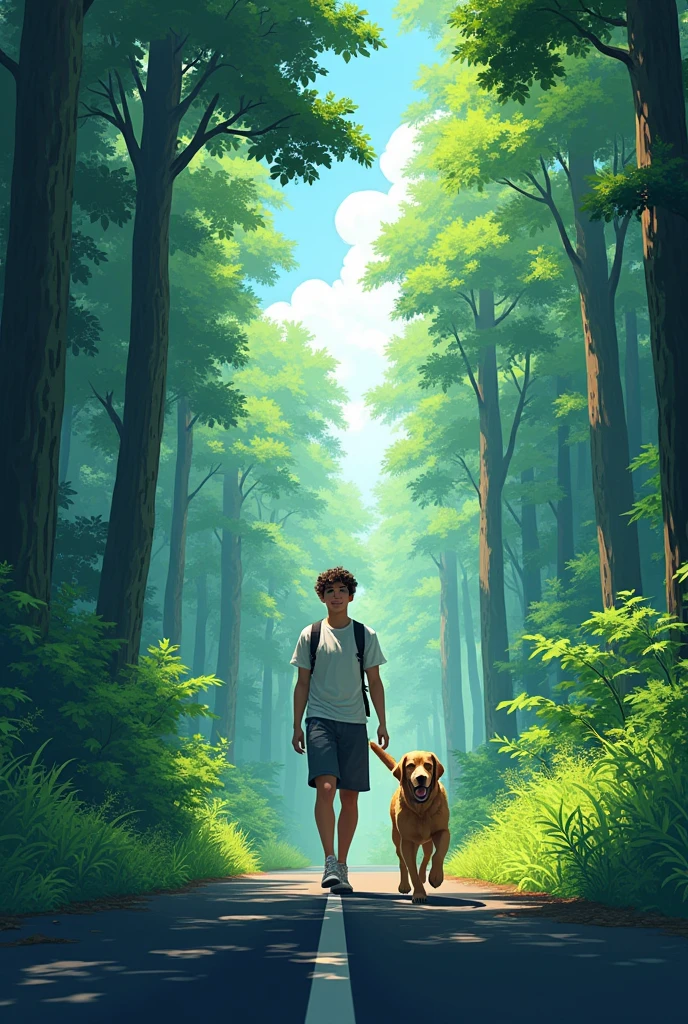 A young men was walking on a black road. A simple long road. On both sides of it were full of green jungles. Tall trees. And with the boy was a golden retriever. We are playing. anime stlye 8k view illustration inspires front view