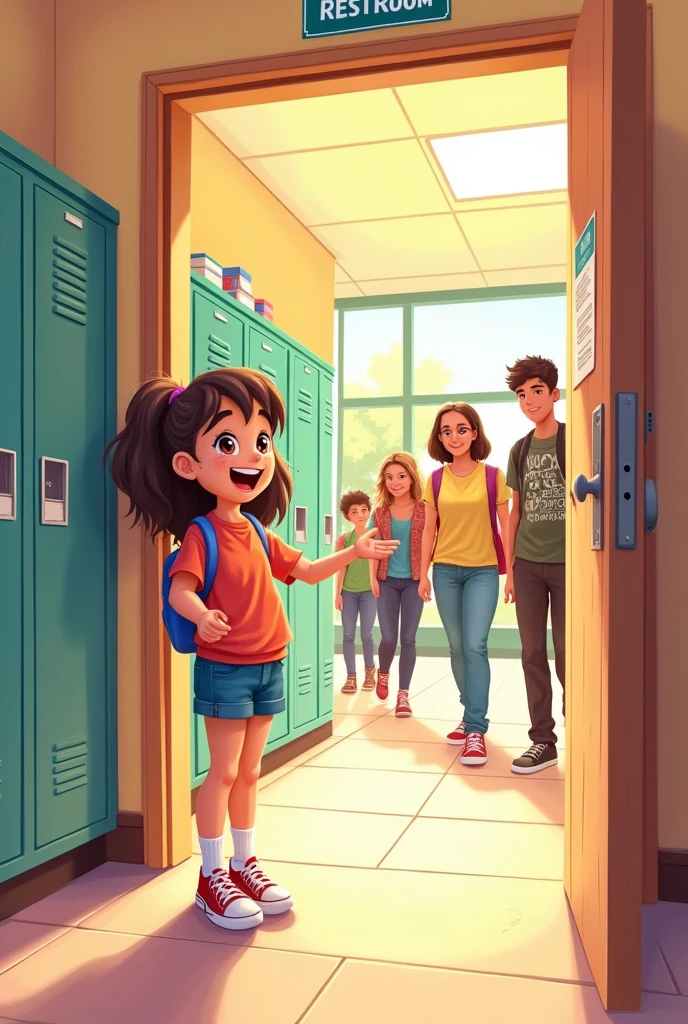 Drawing of a girl pointing to the girls' bathroom