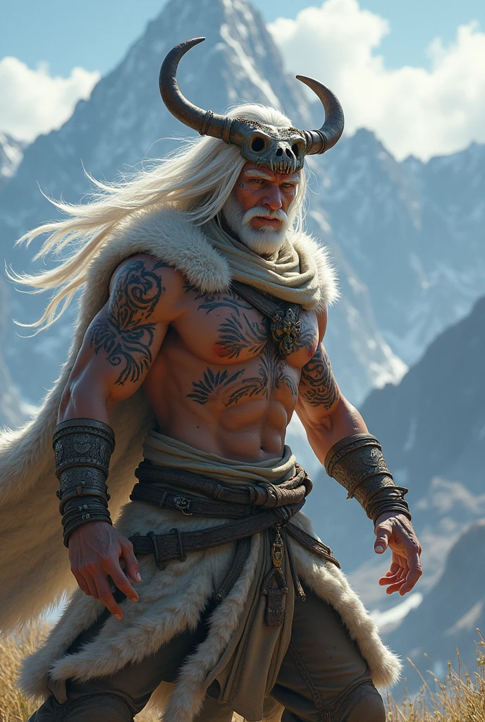 Kalashtar young man full body, long white hair, tattoos on face, Druid, animal skull on head, Attack position, Wolf skin, Mountain and snow environment