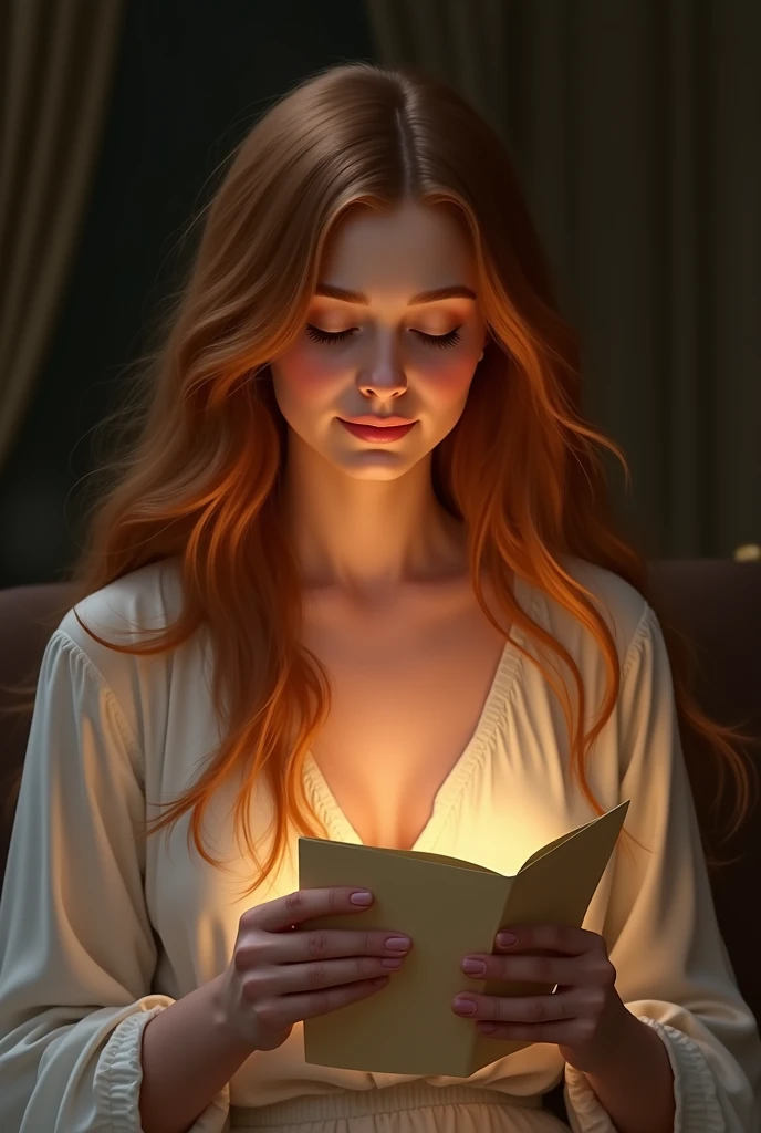 Christian woman with long hair reading a love letter and her face shows a lot of happiness