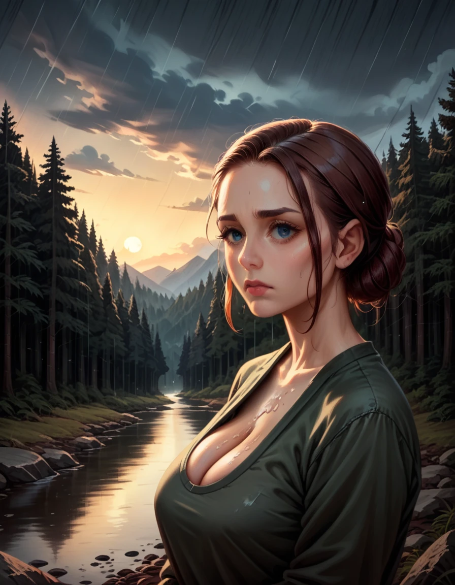 (1 girl) (masterpiece, best quality) ((the cutest camp councilor is sad she wont see you until next year)) , ,  , (stormy dark sky, sunset, raining) (beautiful forest background)
((Melancholy emotions:1.4)), ((realistic oil painting)) art by norman Rockwell, ((normalized huge chest))