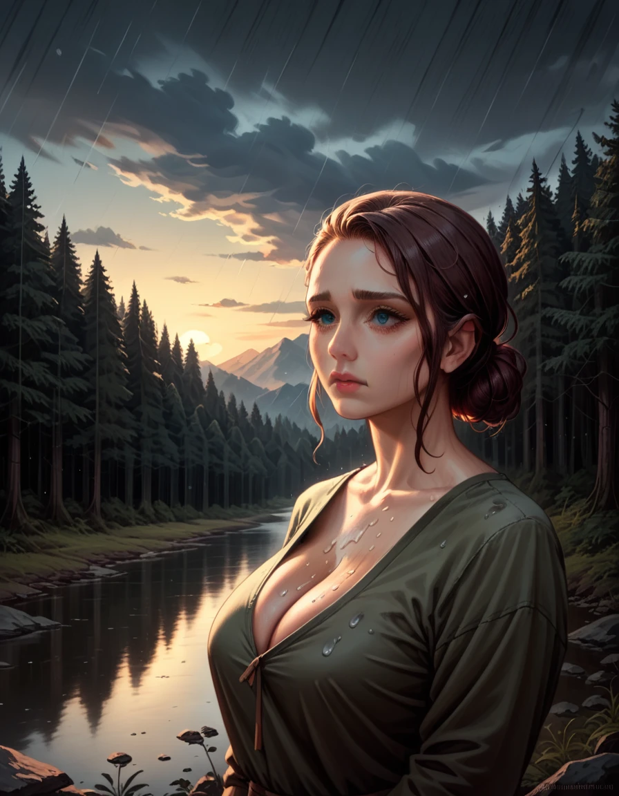 (1 girl) (masterpiece, best quality) ((the cutest camp councilor is sad she wont see you until next year)) , ,  , (stormy dark sky, sunset, raining) (beautiful forest background)
((Melancholy emotions:1.4)), ((realistic oil painting)) art by norman Rockwell, ((normalized huge chest))