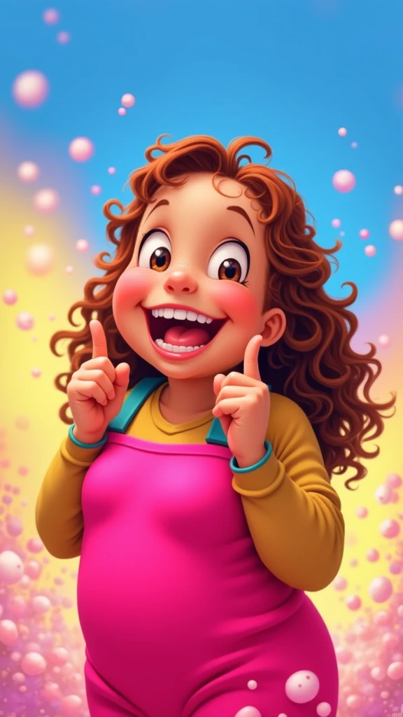 Chubby short girl with curly hair and beautiful smile