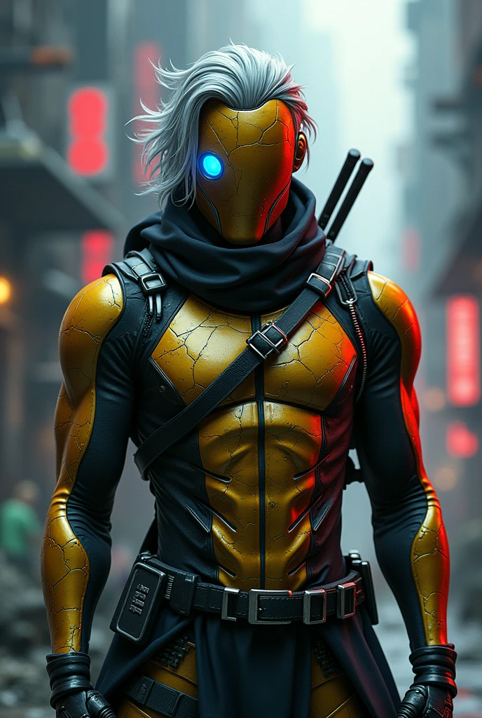 
A highly detailed cyberpunk character, a male cyborg soldier with cracked metallic gold mask and a glowing blue cybernetic eye, stands in a dramatic, dystopian setting. The art style is hyper-realistic, combining gritty textures with sleek, futuristic elements. Warm, radiant red backlighting creates a halo effect around his silver-gray hair, illuminating the metallic surfaces and contrasting with the cool tones of his attire. Extreme close-up shot focus on the face,taken from a slightly low angle, emphasizes his imposing presence and the glowing eye, while he holds a weapon and gives a confident dynamic stand pose with bow and arrow gesture, exuding a sense of readiness and power.

