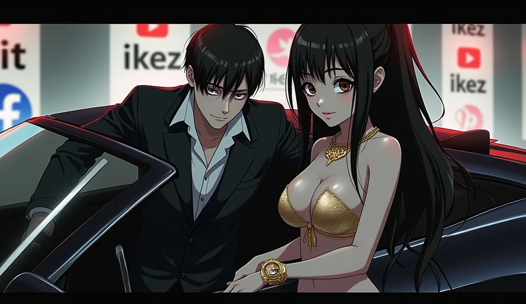 Create a dramatic distorted image in black and white anime format with a colored highlight spot, a person being controlled like a puppet leaning against his luxury car, with a woman in short sensual clothes by his side, wearing a gold and shiny watch and necklace. Ao fundo, blurred social media likes and logos. The two people are actually puppets being controlled.