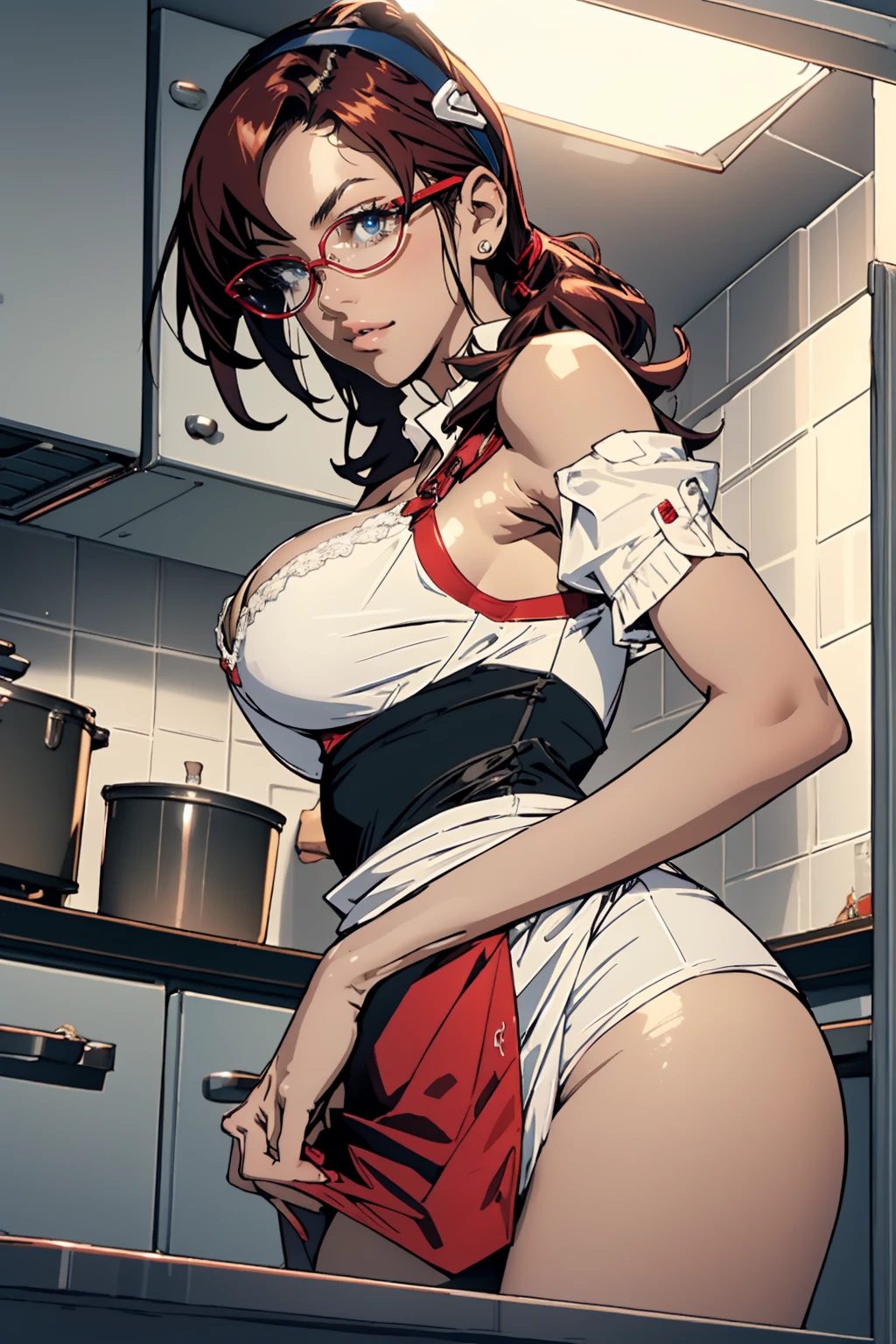 Perfect CG8K, UHD Quality Resolution Wallpapers, Realistic, The most beautiful and sexy uniforms, makinami, Red frame glasses,Wearing a sexy and seductive maid outfit, White panties,((Big Breasts:1.4)),(Saggy breasts:1.3), Cinema Lighting, Vivid moonlight eyes, Long and fine eyelashes, White skin,  Cleavage, Nice big ass, POV camera view from below, Bend your body, sexy slut seductive pose, Looking back at the audience, In her kitchen, Highest quality, Highest Resolution,masturbation, all fours, from behind, from below, focus on panties, focus on panties, hand on pussy,,