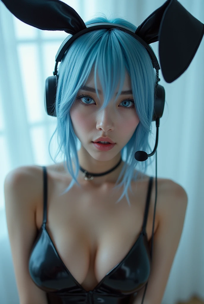 score_9, score_8_up, score_7_up, source_manhwa, best qualityer, clean face, wonho, blue hair with white highlights, blue eyes, long hair, big chest, perfectbody, gazing at viewer, pleasurable expression, Sexy bunny costume, black latex clothes, no pauco de show, standing, acoustic angle, from behind, big-ass, low angle, kpop headset microphone