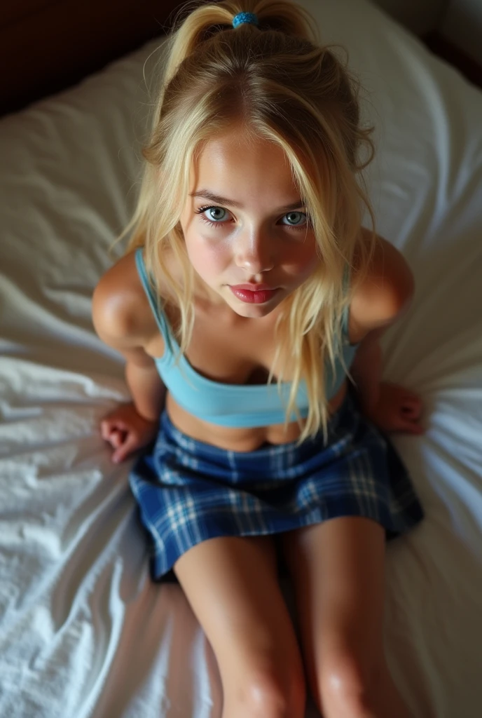 beautiful sexy little tween AnnaSophia Robb school girl, thin, long blonde hair, blue eyes, nice bottom, nice bottom, big red lips, dressed like a whore, tiny short blue plaid skirt, wearing only lingerie, scared, nice legs, nice bottom, lying on bed with legs opened, ultra realistic, wearing glasses, wearing cropped top, fit, pony tail, ful body image, awesome fit body, viewed from above, missionary pose, thick over her face, cum on face, bukakke, facialized, semen on all her face, cumshot, cum shot