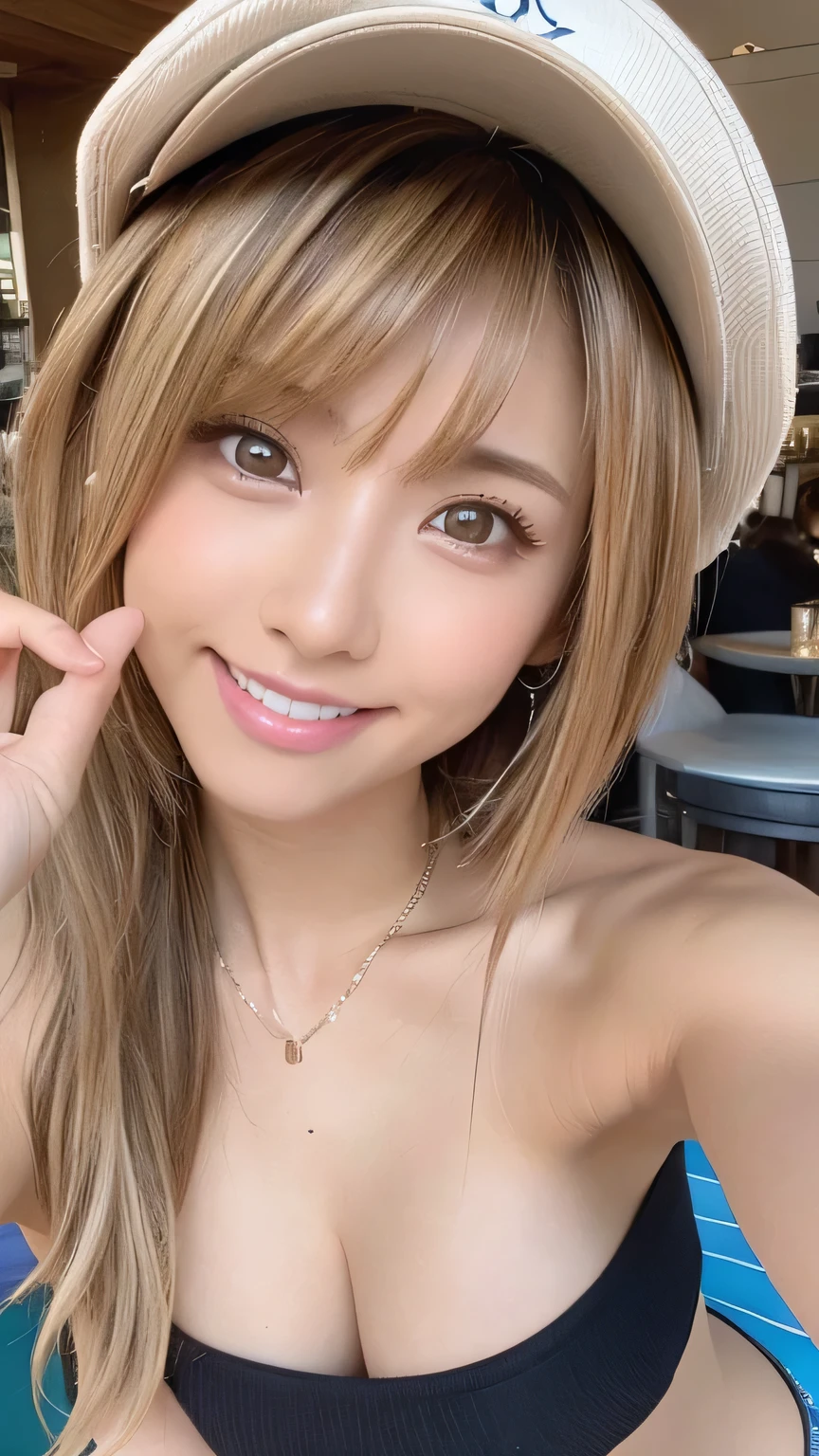 tanned skin1.5)(Smile 1.6)、4K,Highest quality、Masterpiece、Selfie from diagonally above、cute、Mid-chest、 Perfect beauty、Wearing a baseball cap、Loose and fluffy hair、With bangs、Light blonde、 Highly detailed face and skin texture、Off-the-shoulder cropped T-shirt、Shorts、Cafe Terrace