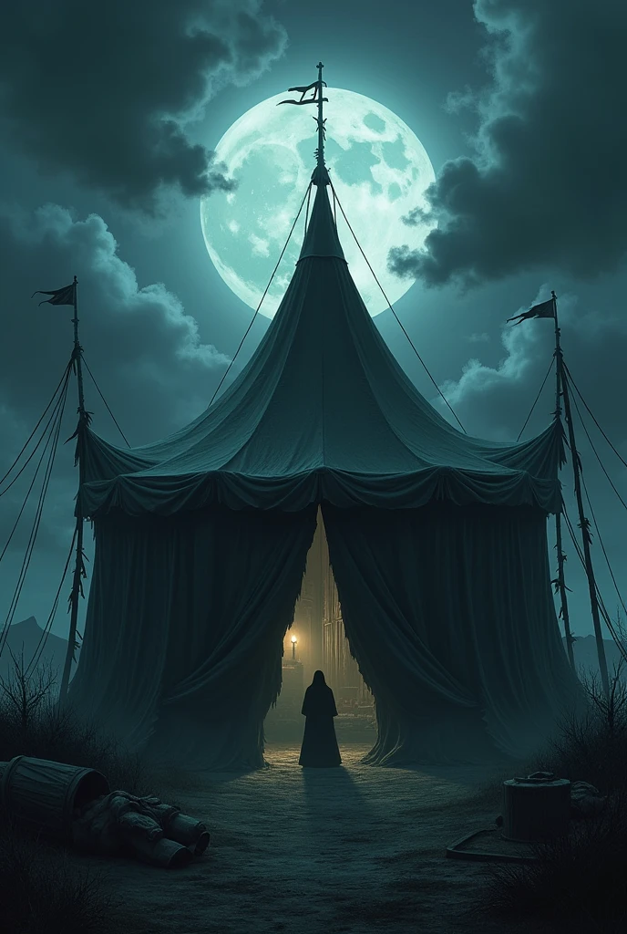 Create an image where you can see a dark and spooky circus tent