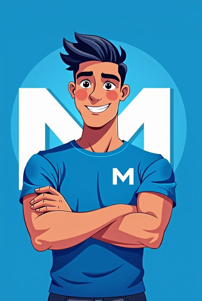 Create a mascot for WhatsApp profile pictures that symbolizes an I.In blue and white colors, Called do the M, that symbolizes a person, A candidate for mayor. The image must represent a young person, be a man with m behind the image, the shirt must be blue and the image behind the m must also be blue. Have M on the shirt at the back so it is more visible. Make the arms come together and make the M symbol.