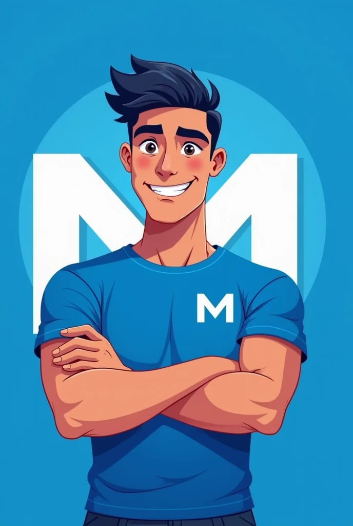 Create a mascot for WhatsApp profile pictures that symbolizes an I.In blue and white colors, Called do the M, that symbolizes a person, A candidate for mayor. The image must represent a young person, be a man with m behind the image, the shirt must be blue and the image behind the m must also be blue. Have M on the shirt at the back so it is more visible. Make the arms come together and make the M symbol.