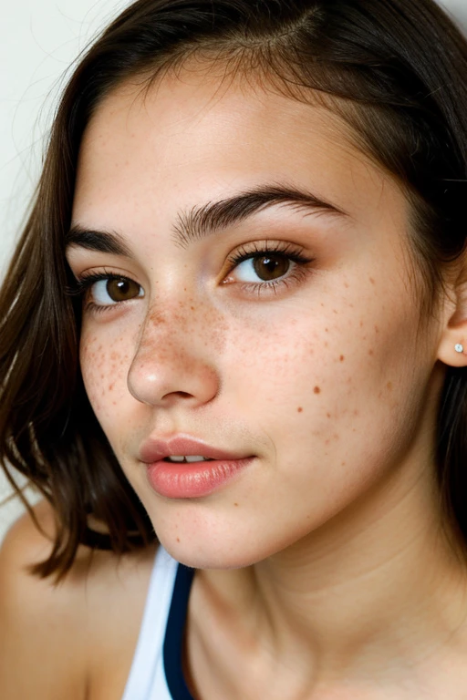 Girl with freckles on nose, brown eyes, long dark brown hair and sexy face, and very thin eyebrows